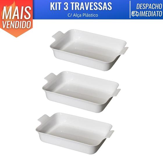 Imagem de Kit 3 Travessa Retangular P C/ Alças Branca Le Chef Tigela Para Servir Vasilha Cozinha