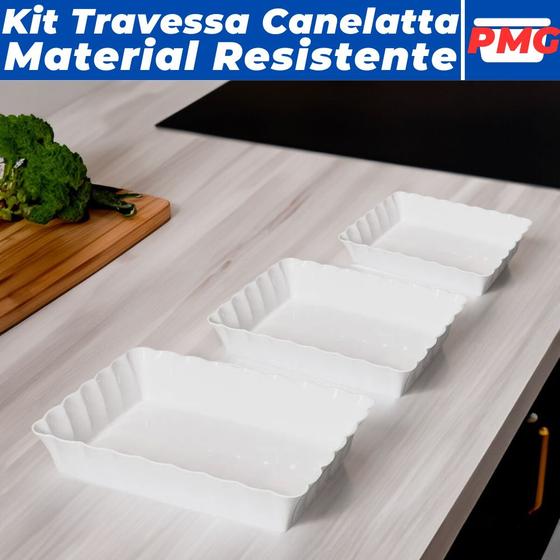 Imagem de Kit 3 Travessas Retangulares Bandeja Para Servir P M G Canelatta Cor Branco