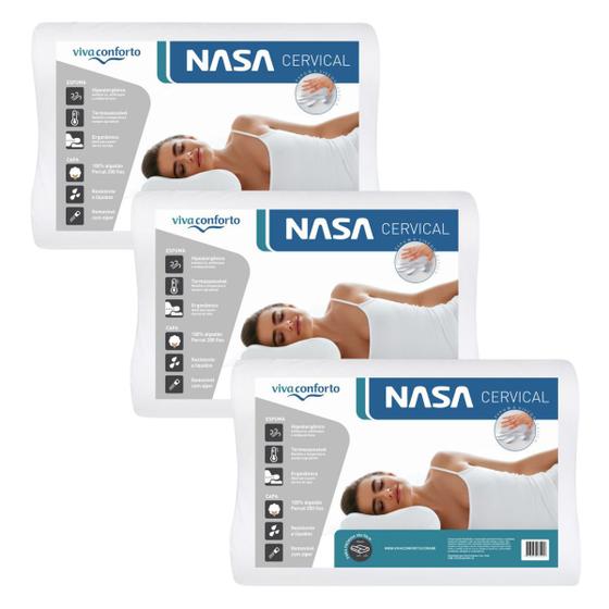 Imagem de Kit 3 Travesseiros Nasa Cervical Anatômico Ortopédico Capa Impermeável Viva Conforto