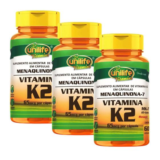 Imagem de Kit 3 Un - Vitamina K2 Mk7 130mcg 60 Cápsulas Unilife