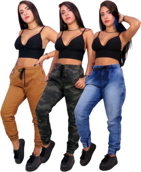 Imagem de Kit 3 Unid Calça Joguer Jeans Sarja Feminina Punho