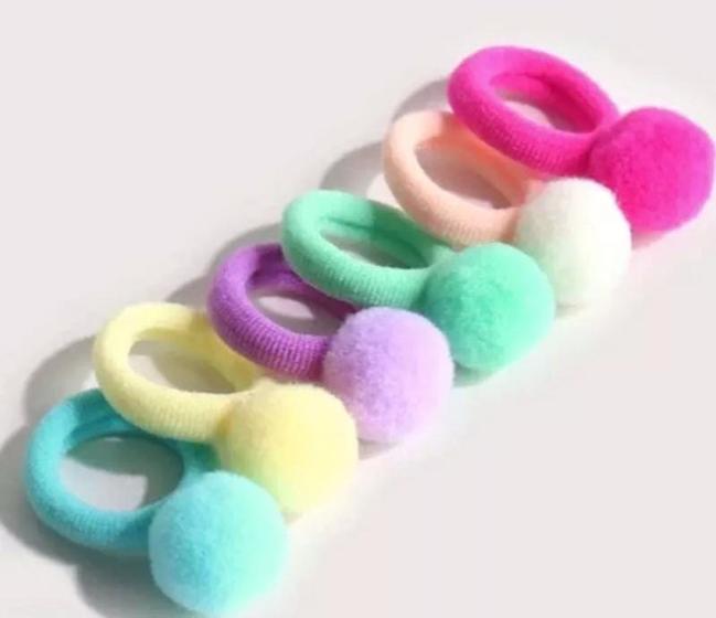 Imagem de Kit 3 unidades de fecho com 4 mini elástico rabico infantil colorido com pompom fofo
