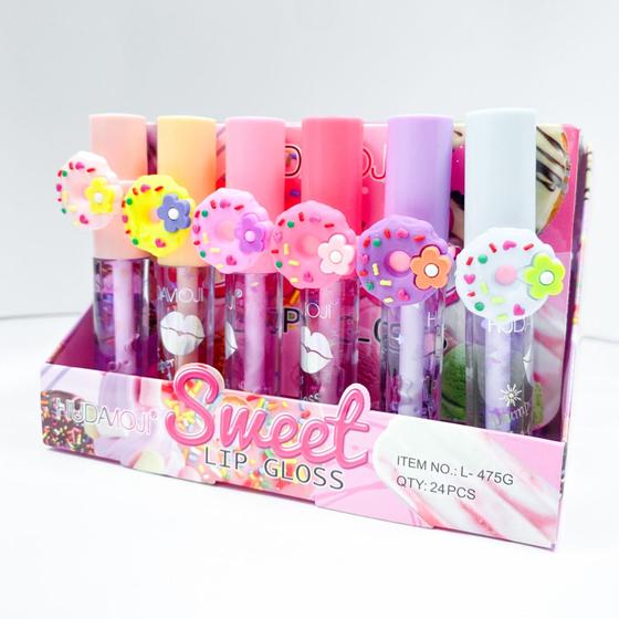 Imagem de Kit 3 unidades de lip gloss labial aneis donuts  coloridos removível criativo