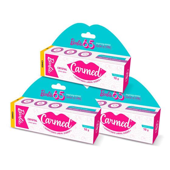 Imagem de kit 3 Unidades Hidratante Labial Carmed Barbie Crystal Efeito Gloss 10g