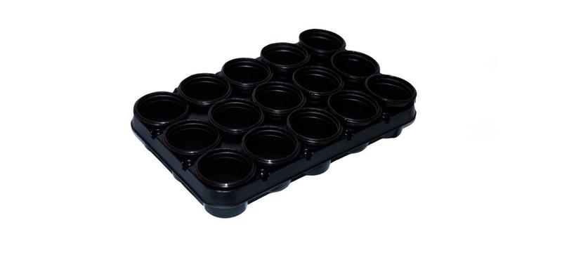Imagem de kit 3 unidades Porta vaso com 15 cavidades preto com os 45 vasos pretos