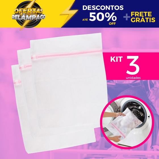 Imagem de Kit 3 Unidades Saco Para Lavar Roupa Íntima Protetor De Lingerie Tecido Delicado Papa Bolinha Máquina 30x40cm