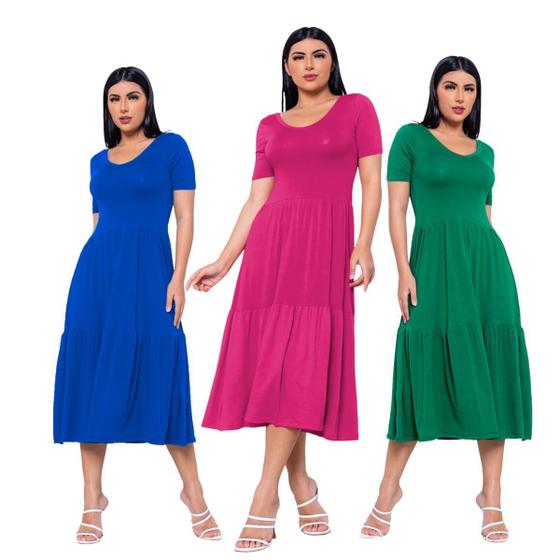 Kit 3 Unidades Vestido Rodado Midi 3 Marias Soltinho Verão Festa Semi Longo Menor preço em Kit 3 Unidades Vestido Rodado Midi 3 Marias Soltinho Verão Festa Semi Longo