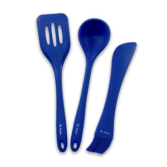 Imagem de Kit 3 Utensílios De Cozinha Silicone Espátula Concha Pincel Azul