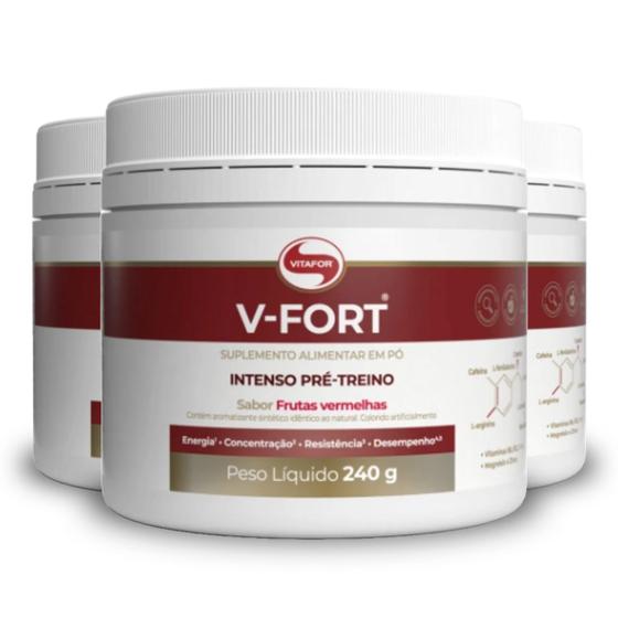 Imagem de Kit 3 V-Fort - Intenso Pré treino Vitafor 240g Frutas Vermelhas