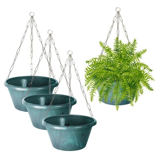 Imagem de Kit 3 Vaso Cuia Nobre 01 Com Prato Colorido de Plástico Rígido Decorativo Para Planta Pendente e Samambaia + Corrente de Metal 44cm - Nutriplan