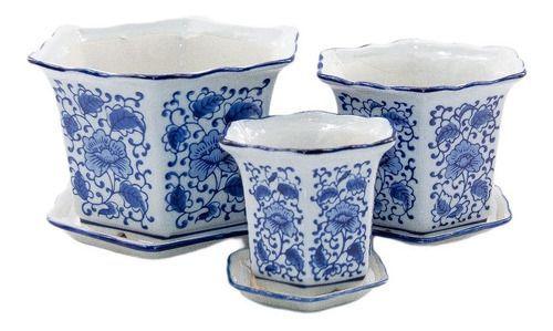 Imagem de Kit 3 Vasos Cerâmica Conjunto C/ Pires Azul E Branco