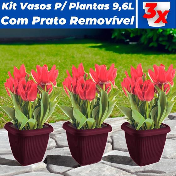 Imagem de Kit 3 Vasos Para Plantas 9,6L C/ Prato Decoração Casa Jardim