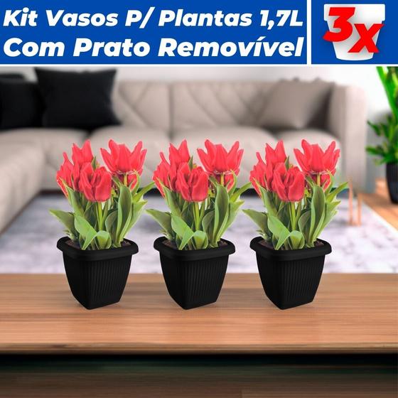 Imagem de Kit 3 Vasos Para Plantas C/ Prato 1,7L Decorativo Casa Jardim