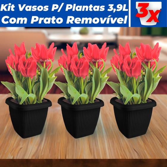 Imagem de Kit 3 Vasos Para Plantas C/ Prato Quadrado 3,9L Decorativo Casa Jardim