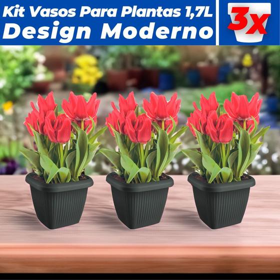 Imagem de Kit 3 Vasos Quadrados P/ Plantas 1,7L Decorativo Casa Jardim