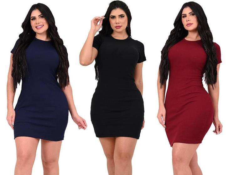 Imagem de Kit 3 Vestido Feminino Midi Manga Canelado Básico Com Elastano