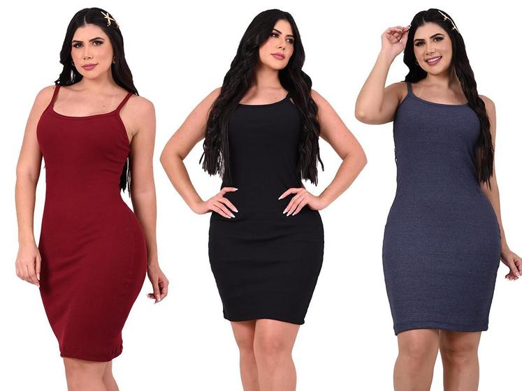 Imagem de KIT 3 Vestido Feminino Midi Regata Canelado Básico Com Elastano