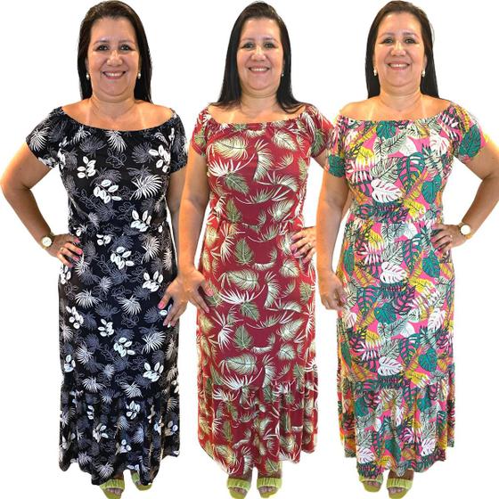 Imagem de Kit 3 Vestido Longo Ciganinha Feminino Plus Size Soltinho