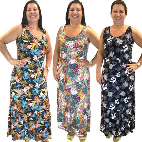 Kit 3 Vestido Longo Feminino Plus Size Soltinho Versátil - Felicity Imagem de Kit 3 Vestido Longo Feminino Plus Size Soltinho Versátil - Felicity