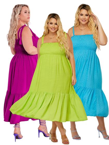 Imagem de Kit 3 Vestido Midi Plus Size Alça Larga Boho Gravida Gestante