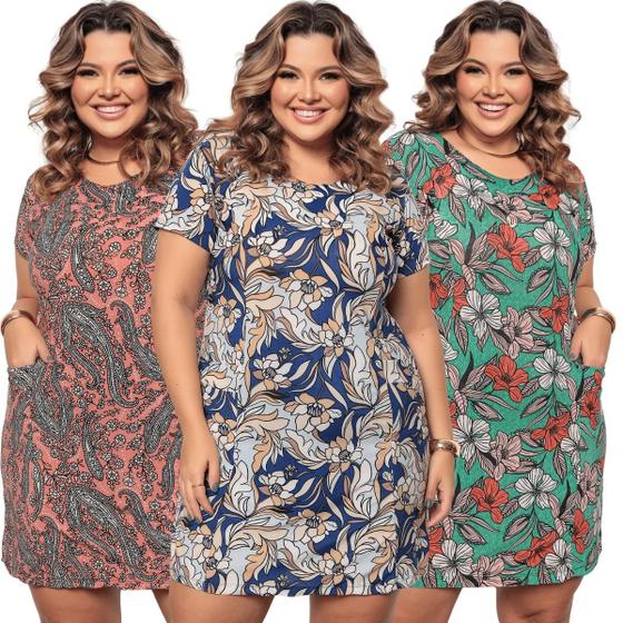 Imagem de Kit 3 Vestido Plus Size Básico com Bolso Estampado Versátil