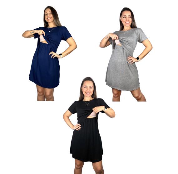 Imagem de Kit 3 Vestidos Amamentação Diversas Cores Premium Gestante Amamentar Manga Curta