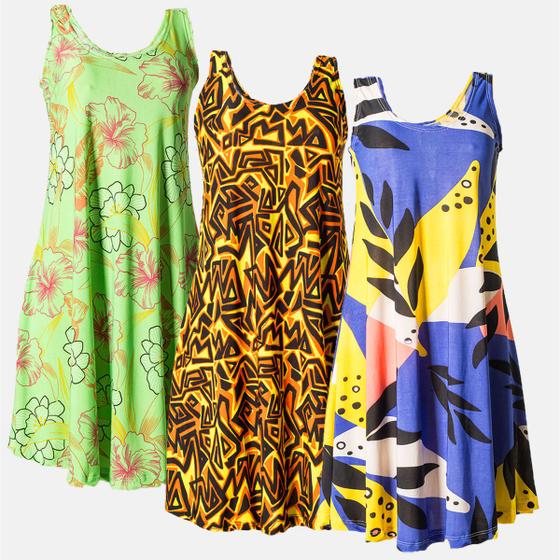 Kit 3 Vestidos Liganete Regata Estampado Curto Gola Redonda Menor preço em Kit 3 Vestidos Liganete Regata Estampado Curto Gola Redonda
