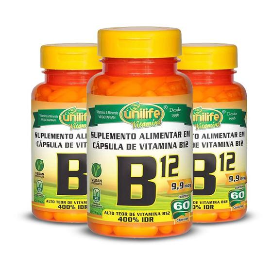 Imagem de Kit 3 Vitamina B12 Cianocobalamina Unilife 60 cápsulas