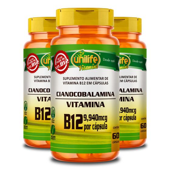 Imagem de Kit 3 Vitamina B12 Cianocobalamina Unilife 60 cápsulas