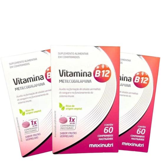 Imagem de Kit 3 Vitamina B12 Comprimidos Mastigáveis (60 comp) - MaxiNutri