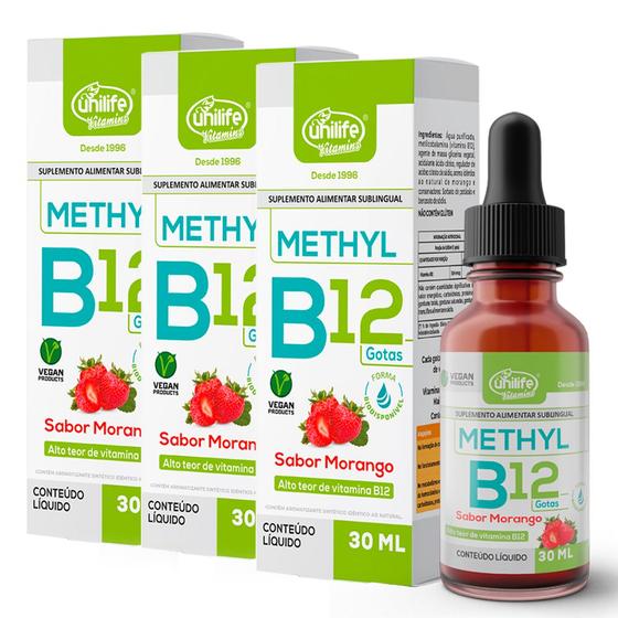 Imagem de Kit 3 Vitamina B12 Methyl em gotas Unilife  sabor Morango 30 ml
