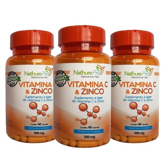 Imagem de Kit 3 Vitamina C E Zinco 60 Cápsulas 500Mg