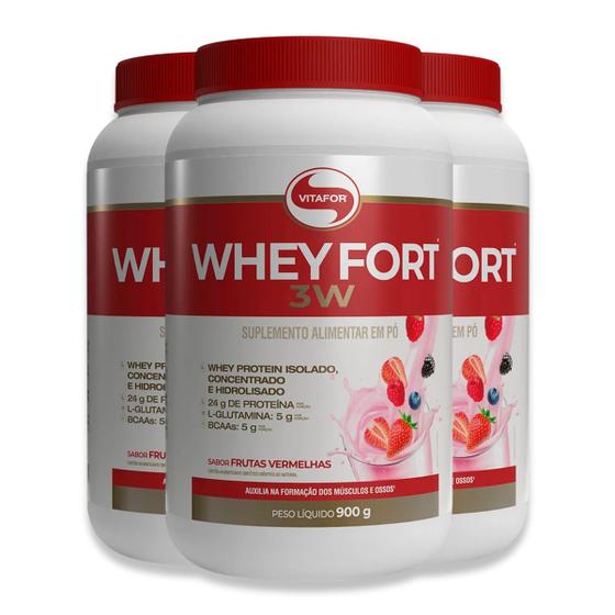 Imagem de Kit 3 Whey Fort 3W Vitafor Frutas Vermelhas 900g