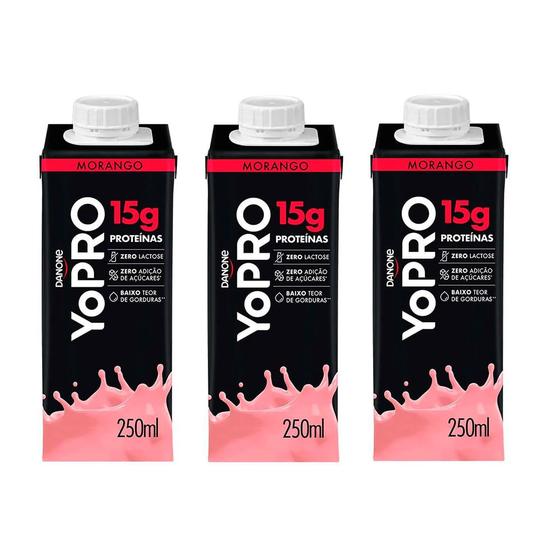 Imagem de Kit 3 Yopro Bebida Láctea com Morango 15g de proteínas 250ml cada