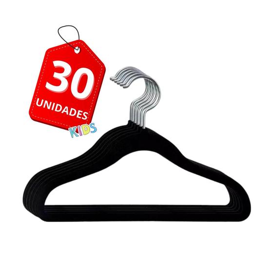 Imagem de Kit 30 cabides aveludados infantil preto slim antideslizante resistente de veludo