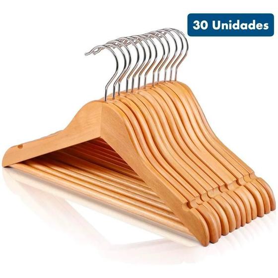 Imagem de Kit 30 Cabides Madeira Marfim Verniz Adulto Barra Blusa