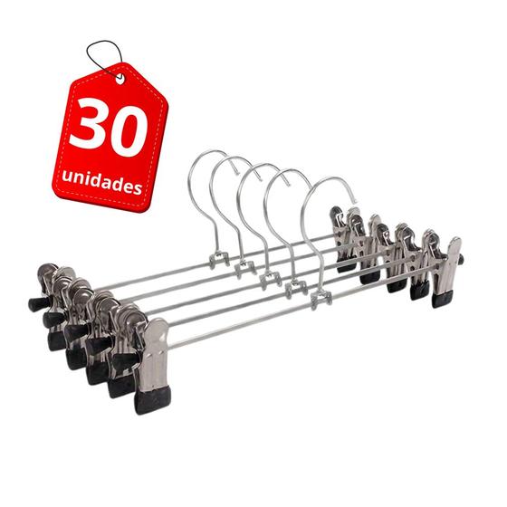 Imagem de Kit 30 Cabides Presilhas Metal Cromado Calças Saia Bermuda Vestido