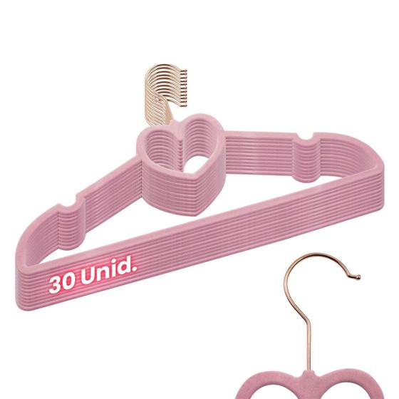 Imagem de Kit 30 Cabides Veludo Rosa Gancho Rose Slim Formato Coração