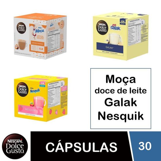 Imagem de Kit 30 cápsulas Dolce Gusto doce de leite Moça, Galak e Nesquik - 3 caixas