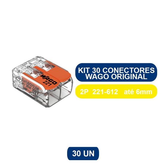 Imagem de Kit 30 Conectores Terminal Wago Original - 2 Pólos 221-612 Para Cabos e Fios - Até 6mm