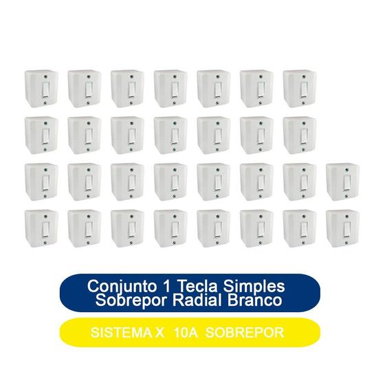 Imagem de Kit 30 Conjunto 1 Tecla Simples Sobrepor Sistema X 10A Radial Branco Completo