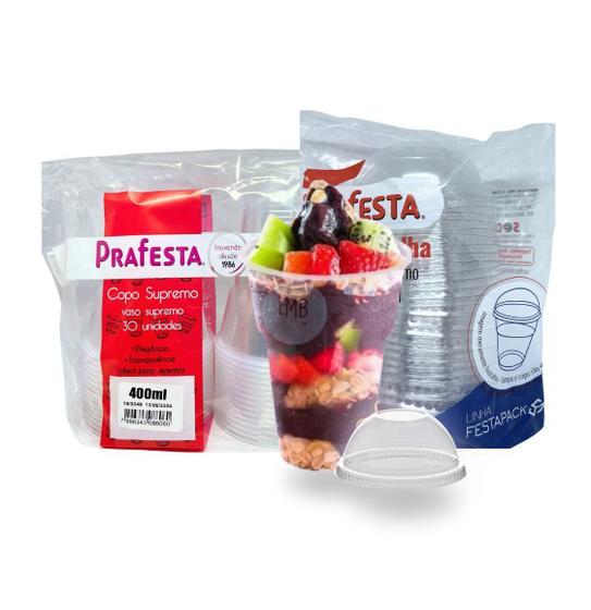 Imagem de Kit 30 Copo Descartável 400Ml Prafesta, Tampa Bolha Premium