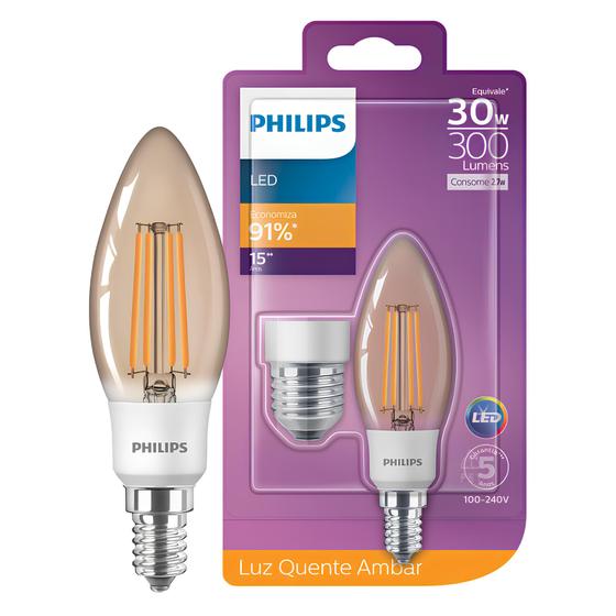 Imagem de Kit 30 Lampada Retro Filamento Led Vela 2,7W E14 E27 Philips