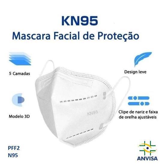 Imagem de Kit 30 Máscaras PFF2 KN95 N95 Brancas com 5 Camadas Meltblow Bfe 98% + Feltro de Coton + Tnt Spunbond + Anvisa CE FDA