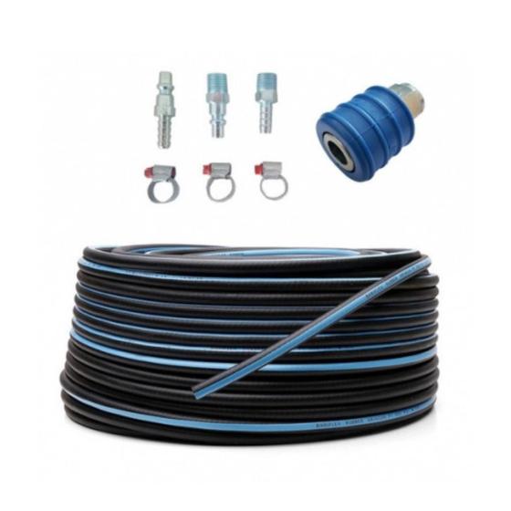 Imagem de Kit 30 mts Mangueira 1/4 Conexões Pneumática Compressor 300 Psi Tarja Azul Com Trama de Polyester Flexível e Resistente
