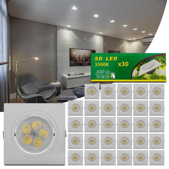 Imagem de Kit 30 Spot Super LED 5W Quadrada Direcionável 3500K Amarelada Bivolt Alumínio Embutir Gesso Sanca