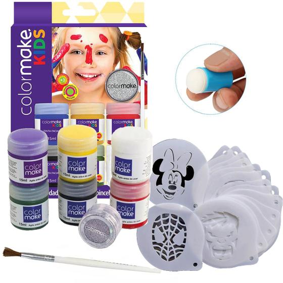Imagem de Kit 30 Stencil Pintura facial Rosto Pele + 6 Tintas Pincel Glitter