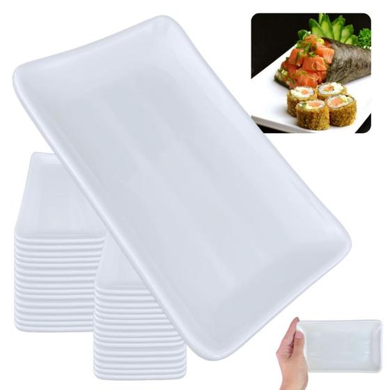 Imagem de Kit 30 Travessas Pratos Retangulares Branco para Petiscos e Sushi 17,8 Cm para Restaurante Melamina Premium  Bestfer 