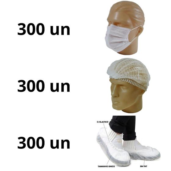 Imagem de kit 300 Propé 300 toucas 300 máscaras TNT branco  descartável