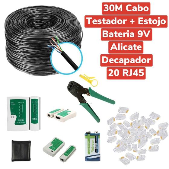 Imagem de Kit 30m Cabo Rede PT +20 Rj45 + Alicate + Testador Cabo+Bateria